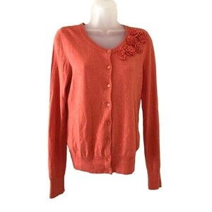 Caslan Womens Orange Cardigan Sweater S Button Front Long Sleeve Cotton Cashmere